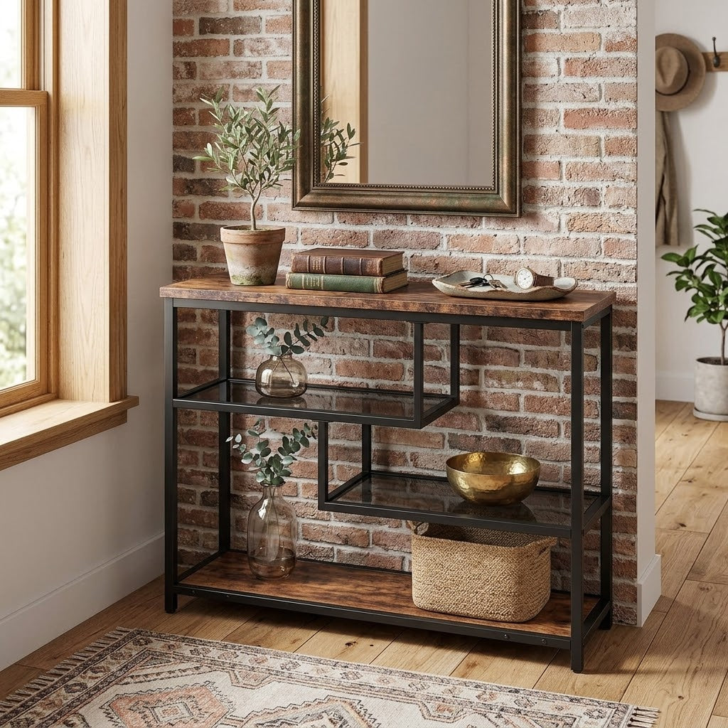 Console d'Entrée Bois et Verre Trempé