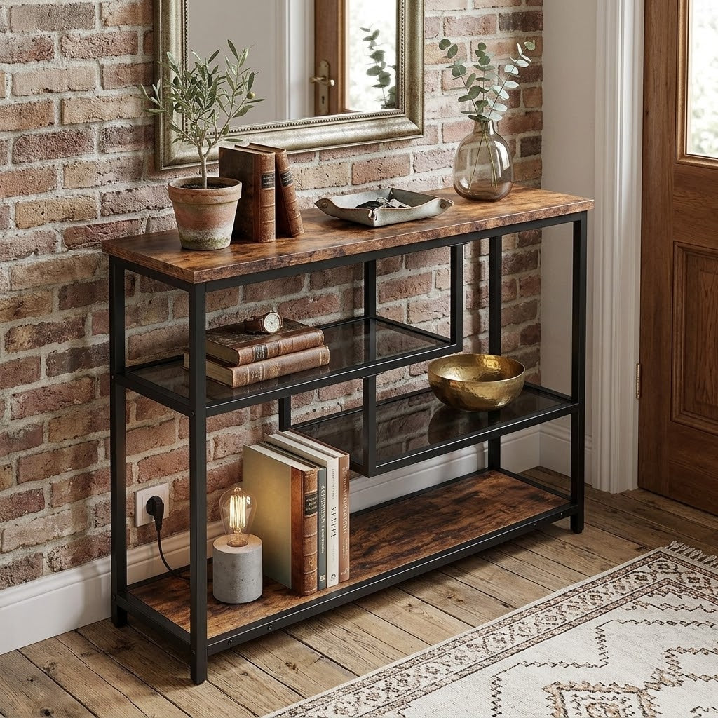 Console d'Entrée Bois et Verre Trempé