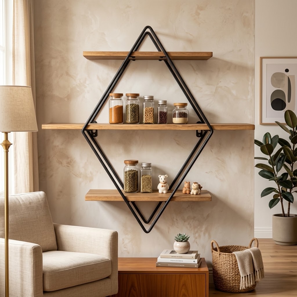 Étagère Murale 3 Niveaux Bois & Fil de Fer – Design Flottant