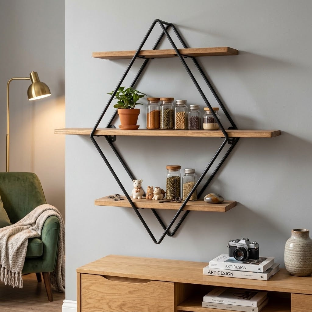 Étagère Murale 3 Niveaux Bois & Fil de Fer – Design Flottant