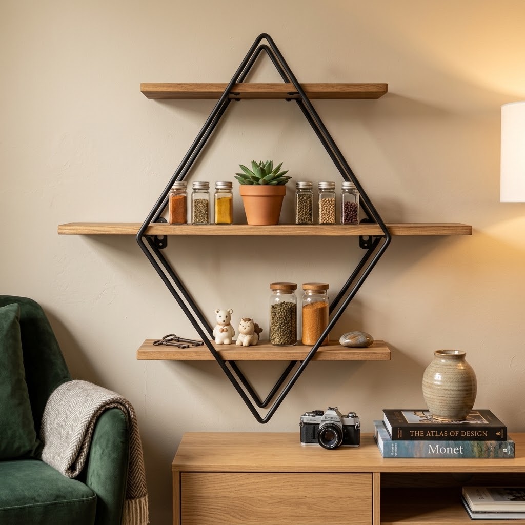 Étagère Murale 3 Niveaux Bois & Fil de Fer – Design Flottant