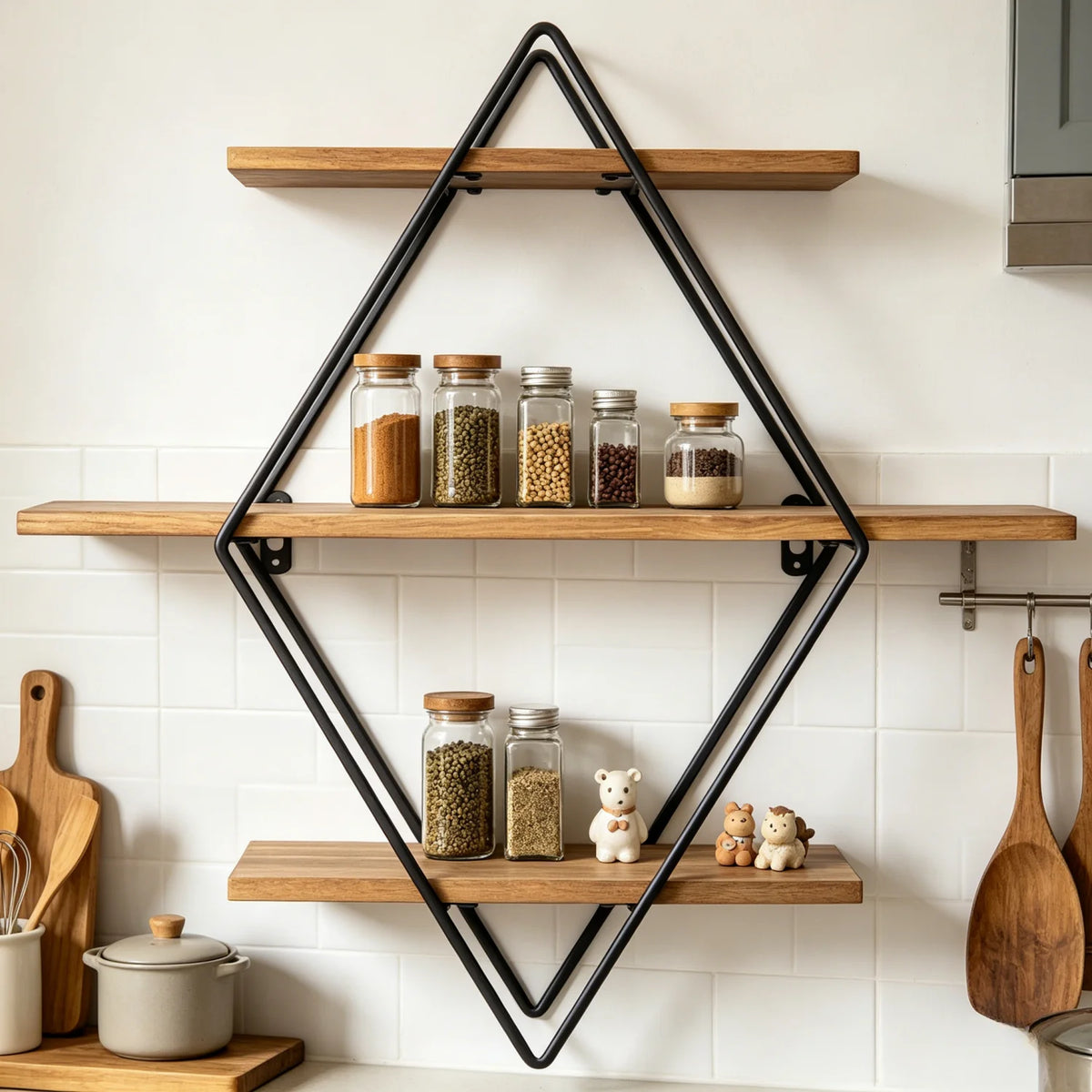 Étagère Murale 3 Niveaux Bois & Fil de Fer – Design Flottant