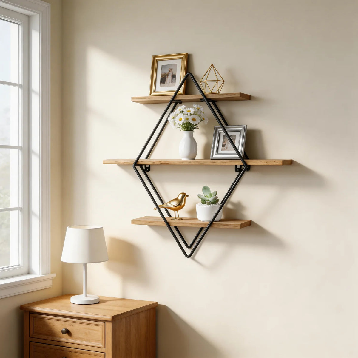 Étagère Murale 3 Niveaux Bois & Fil de Fer – Design Flottant