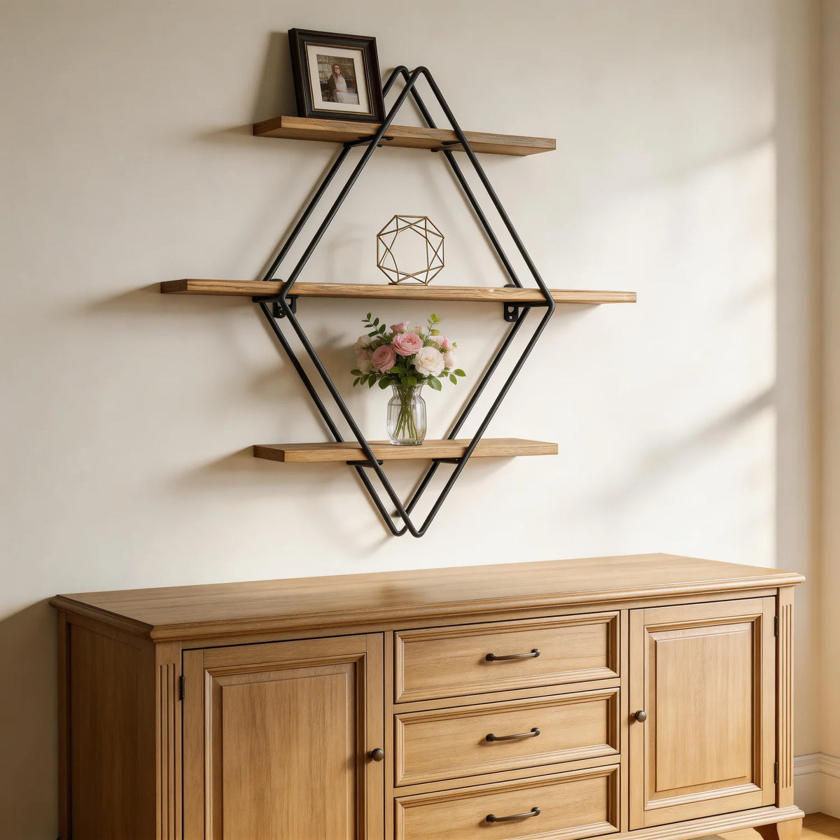 Étagère Murale 3 Niveaux Bois & Fil de Fer – Design Flottant